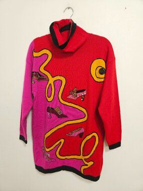 VTG 90s Escada Intarsia Tunic Sweater Sz S Multicolor Embellished